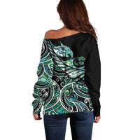 Maori Matariki - Manaia Off Shoulder Sweater Emerald Paua Shell LT7 - Polynesian Pride