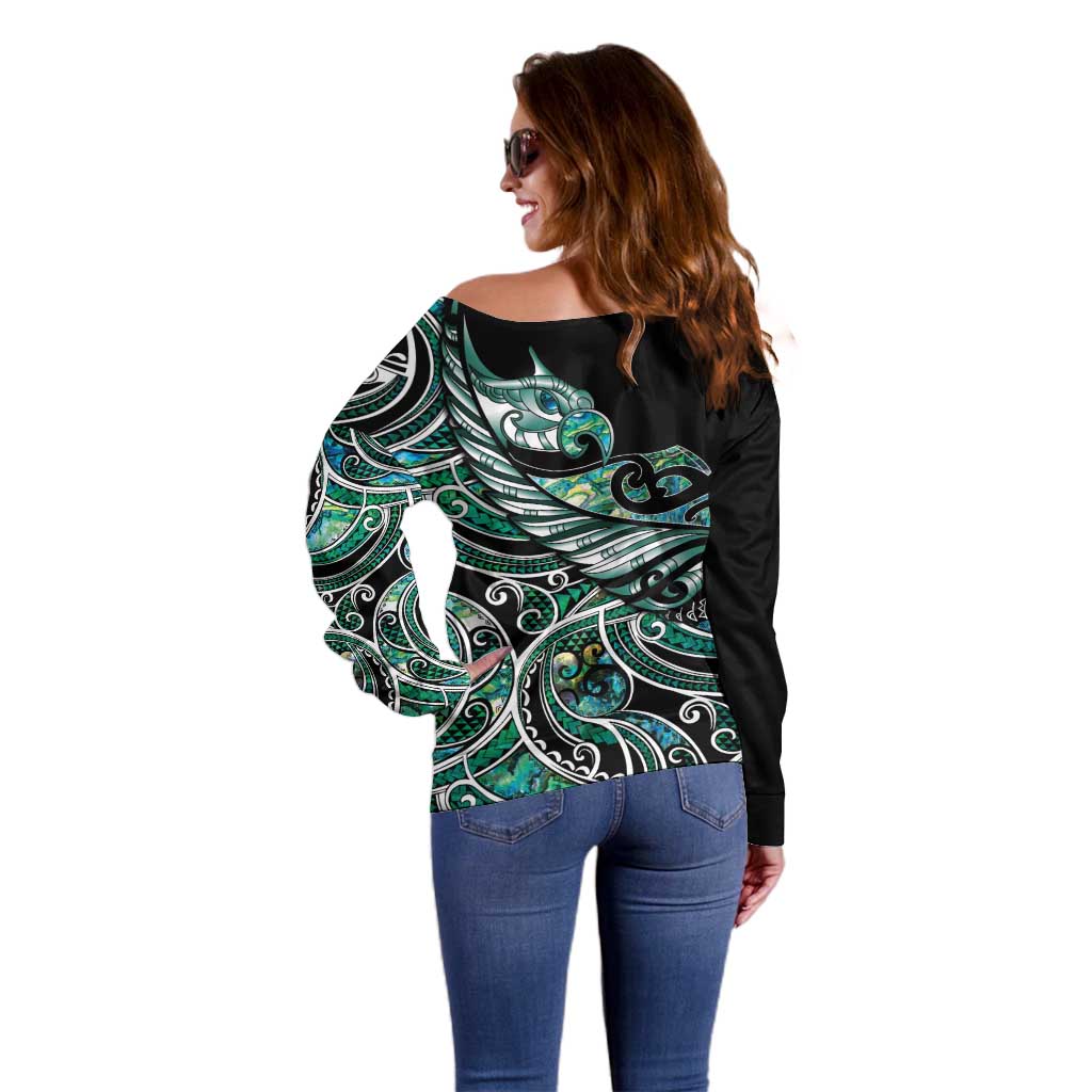 Maori Matariki - Manaia Off Shoulder Sweater Emerald Paua Shell LT7 - Polynesian Pride