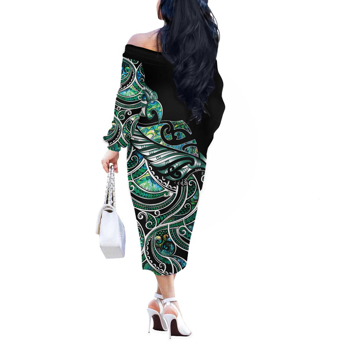 Maori Matariki - Manaia Off The Shoulder Long Sleeve Dress Emerald Paua Shell LT7 - Polynesian Pride