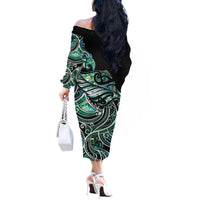 Maori Matariki - Manaia Off The Shoulder Long Sleeve Dress Emerald Paua Shell LT7 - Polynesian Pride