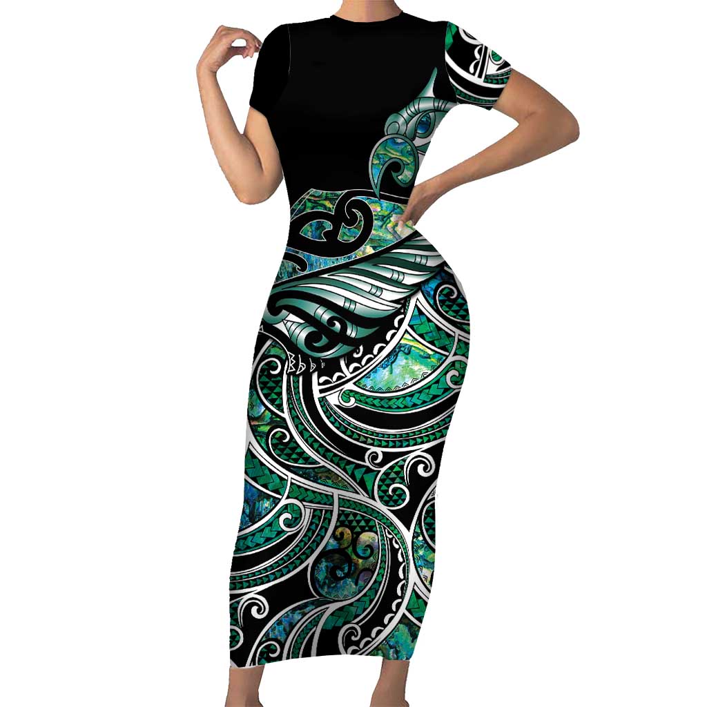 Maori Matariki - Manaia Short Sleeve Bodycon Dress Emerald Paua Shell LT7 Long Dress Green - Polynesian Pride