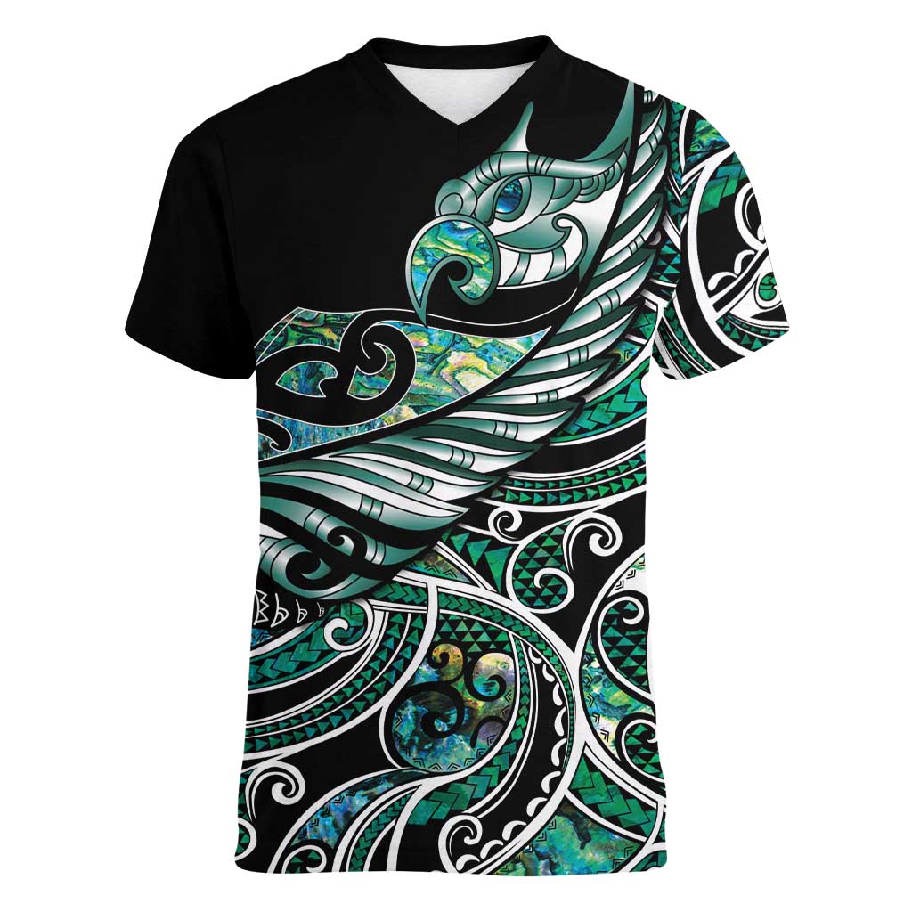 Maori Matariki - Manaia Women V-Neck T-Shirt Emerald Paua Shell LT7 Female Green - Polynesian Pride