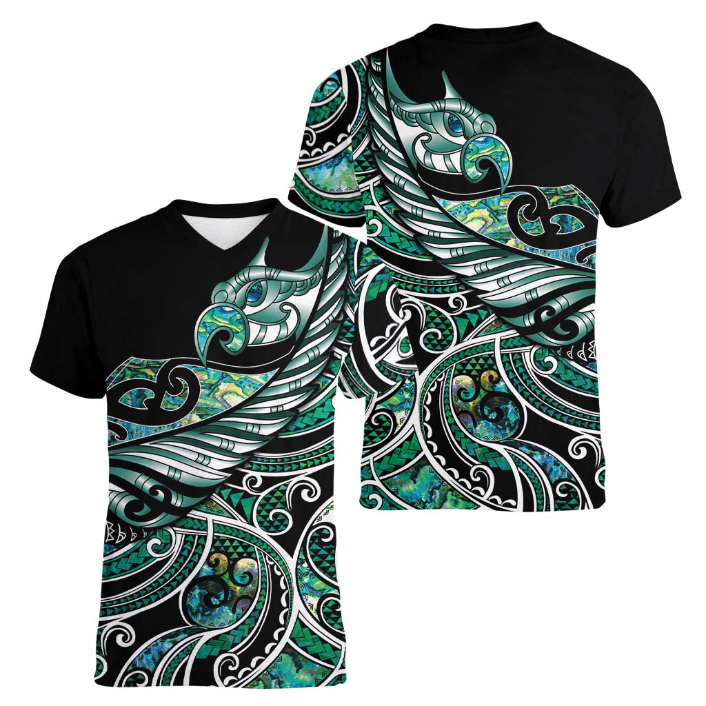 Maori Matariki - Manaia Women V-Neck T-Shirt Emerald Paua Shell LT7 - Polynesian Pride