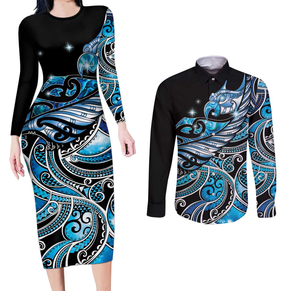 Maori Matariki - Manaia Couples Matching Long Sleeve Bodycon Dress and Long Sleeve Button Shirt Galaxy Blue Paua Shell LT7 Blue - Polynesian Pride