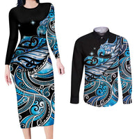 Maori Matariki - Manaia Couples Matching Long Sleeve Bodycon Dress and Long Sleeve Button Shirt Galaxy Blue Paua Shell LT7 Blue - Polynesian Pride