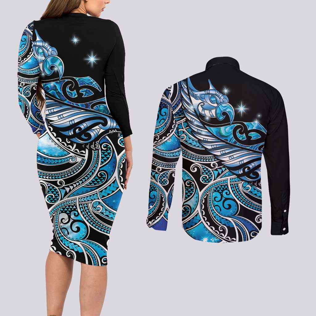 Maori Matariki - Manaia Couples Matching Long Sleeve Bodycon Dress and Long Sleeve Button Shirt Galaxy Blue Paua Shell LT7 - Polynesian Pride
