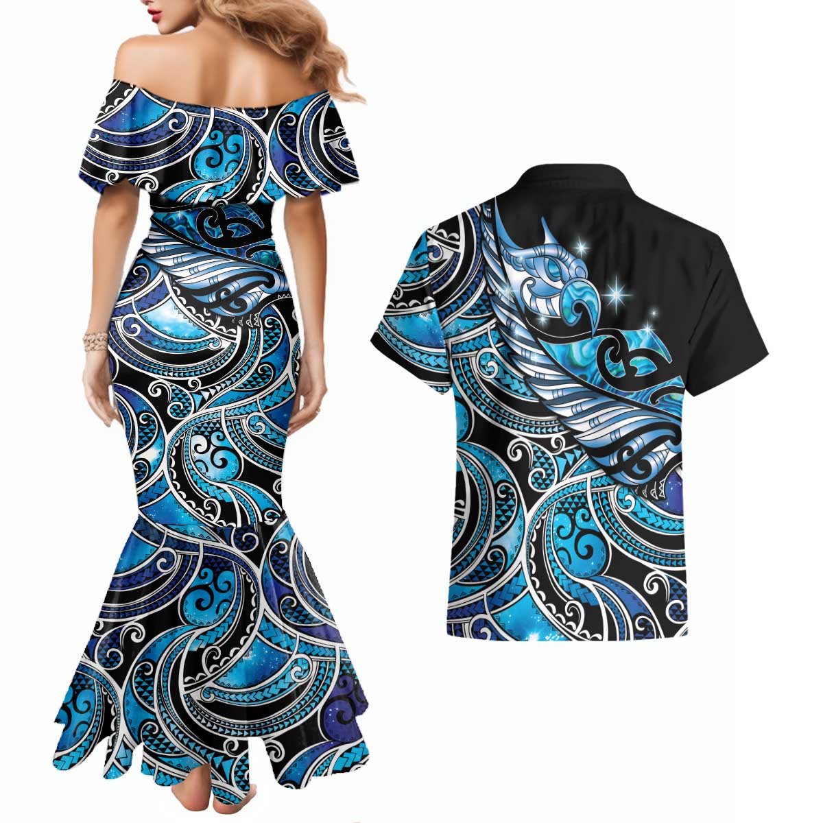 Maori Matariki - Manaia Couples Matching Mermaid Dress and Hawaiian Shirt Galaxy Blue Paua Shell