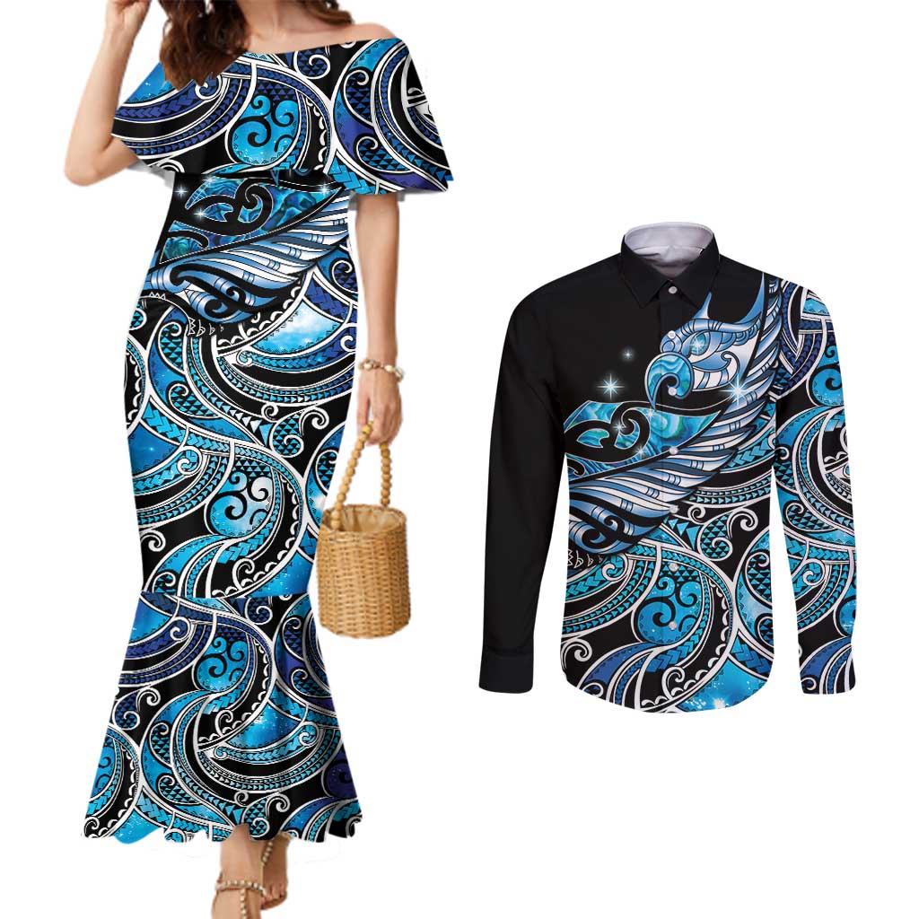 Maori Matariki - Manaia Couples Matching Mermaid Dress and Long Sleeve Button Shirt Galaxy Blue Paua Shell LT7 Blue - Polynesian Pride