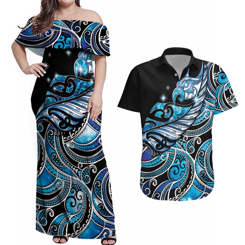 Maori Matariki - Manaia Couples Matching Off Shoulder Maxi Dress and Hawaiian Shirt Galaxy Blue Paua Shell LT7 Blue - Polynesian Pride