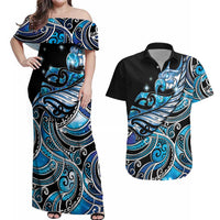 Maori Matariki - Manaia Couples Matching Off Shoulder Maxi Dress and Hawaiian Shirt Galaxy Blue Paua Shell LT7 Blue - Polynesian Pride