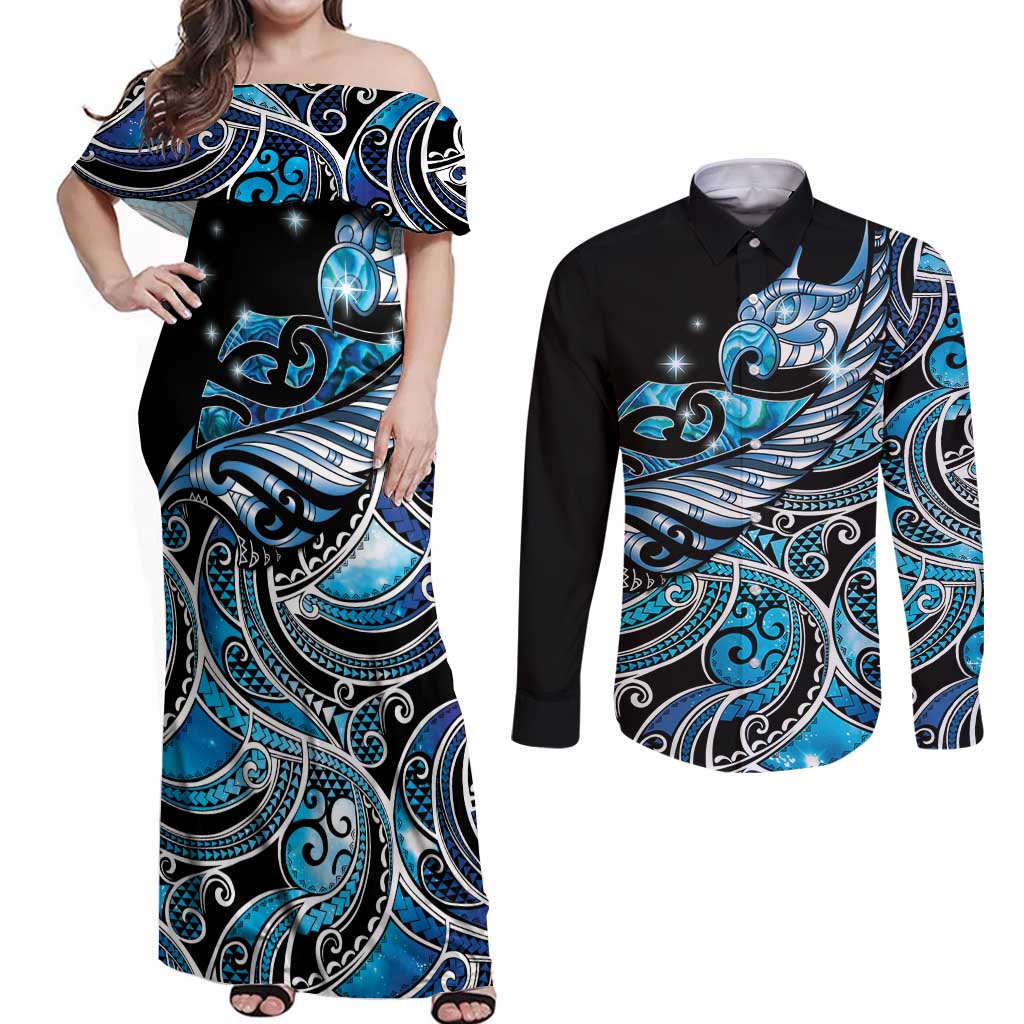 Maori Matariki - Manaia Couples Matching Off Shoulder Maxi Dress and Long Sleeve Button Shirt Galaxy Blue Paua Shell LT7 Blue - Polynesian Pride