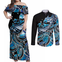 Maori Matariki - Manaia Couples Matching Off Shoulder Maxi Dress and Long Sleeve Button Shirt Galaxy Blue Paua Shell LT7 Blue - Polynesian Pride