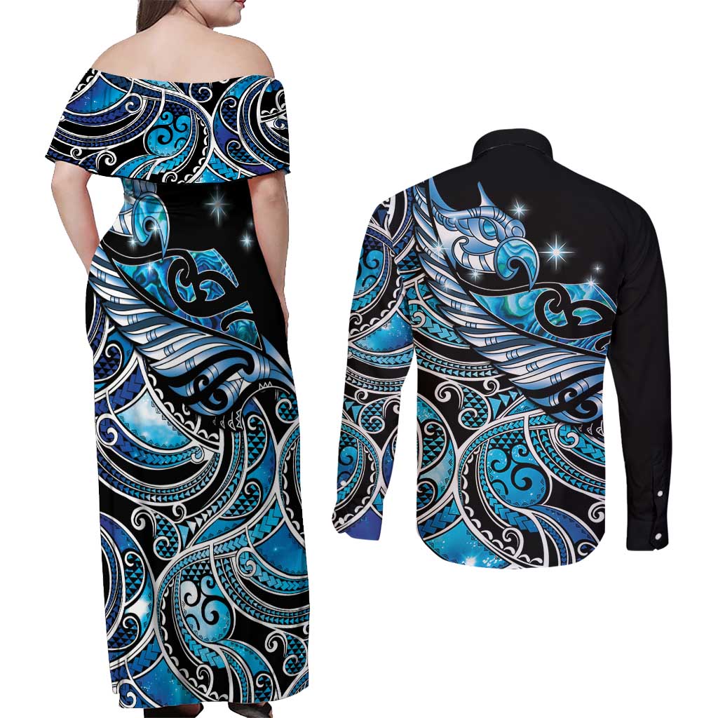 Maori Matariki - Manaia Couples Matching Off Shoulder Maxi Dress and Long Sleeve Button Shirt Galaxy Blue Paua Shell LT7 - Polynesian Pride