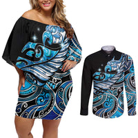 Maori Matariki - Manaia Couples Matching Off Shoulder Short Dress and Long Sleeve Button Shirt Galaxy Blue Paua Shell LT7 Blue - Polynesian Pride