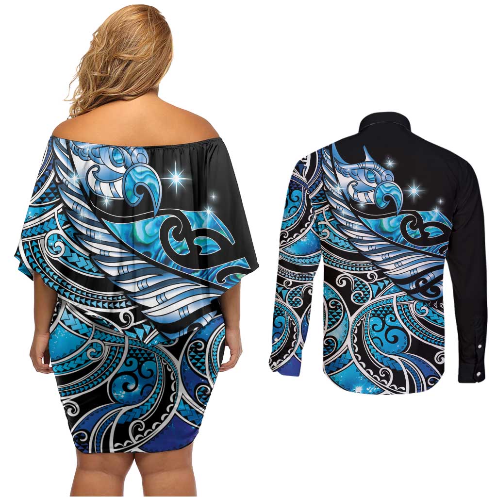Maori Matariki - Manaia Couples Matching Off Shoulder Short Dress and Long Sleeve Button Shirt Galaxy Blue Paua Shell LT7 - Polynesian Pride