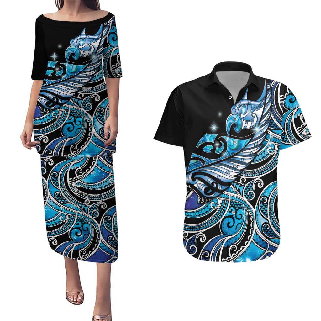 Maori Matariki - Manaia Couples Matching Puletasi and Hawaiian Shirt Galaxy Blue Paua Shell LT7 Blue - Polynesian Pride