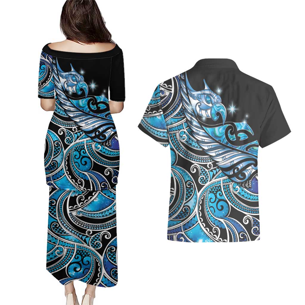 Maori Matariki - Manaia Couples Matching Puletasi and Hawaiian Shirt Galaxy Blue Paua Shell LT7 - Polynesian Pride
