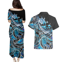 Maori Matariki - Manaia Couples Matching Puletasi and Hawaiian Shirt Galaxy Blue Paua Shell LT7 - Polynesian Pride