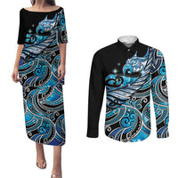 Maori Matariki - Manaia Couples Matching Puletasi and Long Sleeve Button Shirt Galaxy Blue Paua Shell LT7 Blue - Polynesian Pride