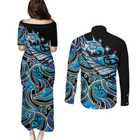 Maori Matariki - Manaia Couples Matching Puletasi and Long Sleeve Button Shirt Galaxy Blue Paua Shell LT7 - Polynesian Pride