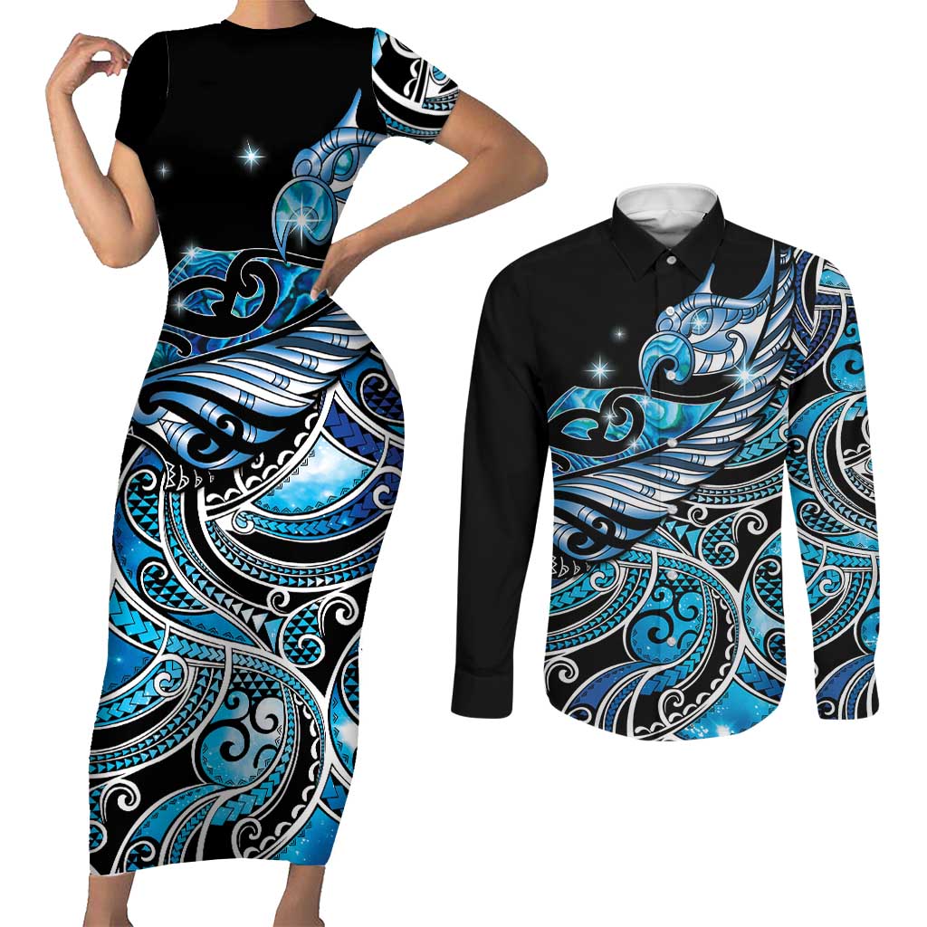 Maori Matariki - Manaia Couples Matching Short Sleeve Bodycon Dress and Long Sleeve Button Shirt Galaxy Blue Paua Shell LT7 Blue - Polynesian Pride