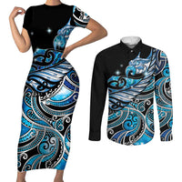 Maori Matariki - Manaia Couples Matching Short Sleeve Bodycon Dress and Long Sleeve Button Shirt Galaxy Blue Paua Shell LT7 Blue - Polynesian Pride