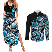 Maori Matariki - Manaia Couples Matching Summer Maxi Dress and Long Sleeve Button Shirt Galaxy Blue Paua Shell LT7 Blue - Polynesian Pride