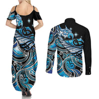 Maori Matariki - Manaia Couples Matching Summer Maxi Dress and Long Sleeve Button Shirt Galaxy Blue Paua Shell LT7 - Polynesian Pride