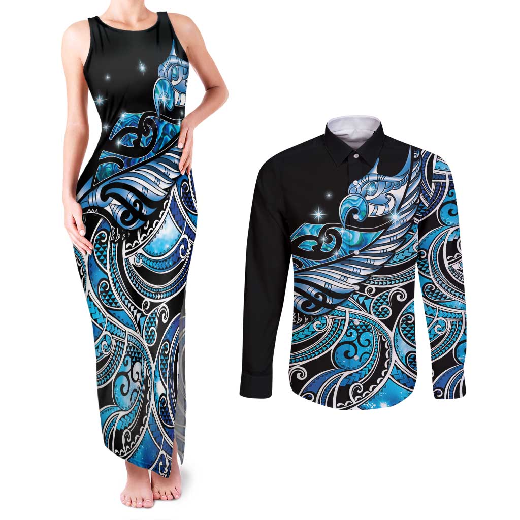 Maori Matariki - Manaia Couples Matching Tank Maxi Dress and Long Sleeve Button Shirt Galaxy Blue Paua Shell LT7 Blue - Polynesian Pride