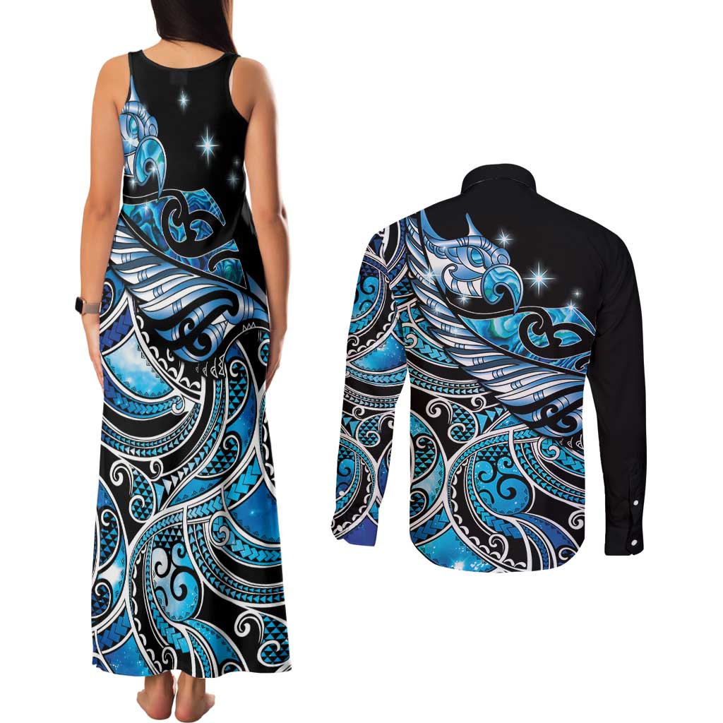 Maori Matariki - Manaia Couples Matching Tank Maxi Dress and Long Sleeve Button Shirt Galaxy Blue Paua Shell LT7 - Polynesian Pride