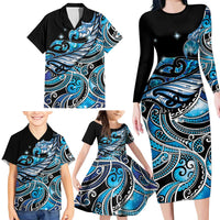 Maori Matariki - Manaia Family Matching Long Sleeve Bodycon Dress and Hawaiian Shirt Galaxy Blue Paua Shell