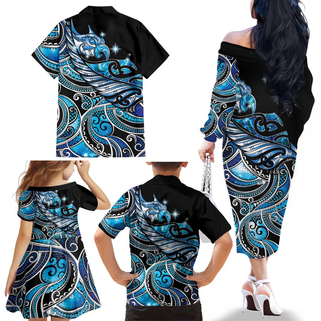 Maori Matariki - Manaia Family Matching Off The Shoulder Long Sleeve Dress and Hawaiian Shirt Galaxy Blue Paua Shell