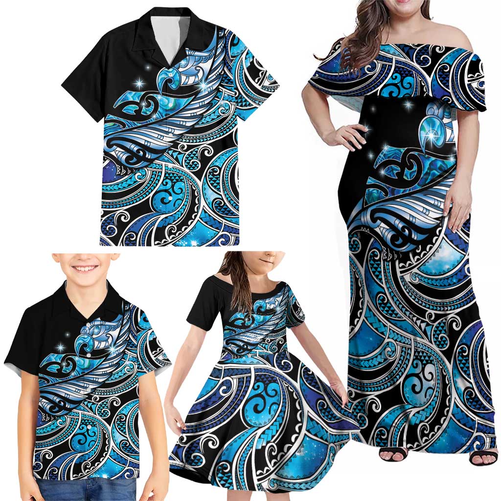 Maori Matariki - Manaia Family Matching Off Shoulder Maxi Dress and Hawaiian Shirt Galaxy Blue Paua Shell LT7 - Polynesian Pride