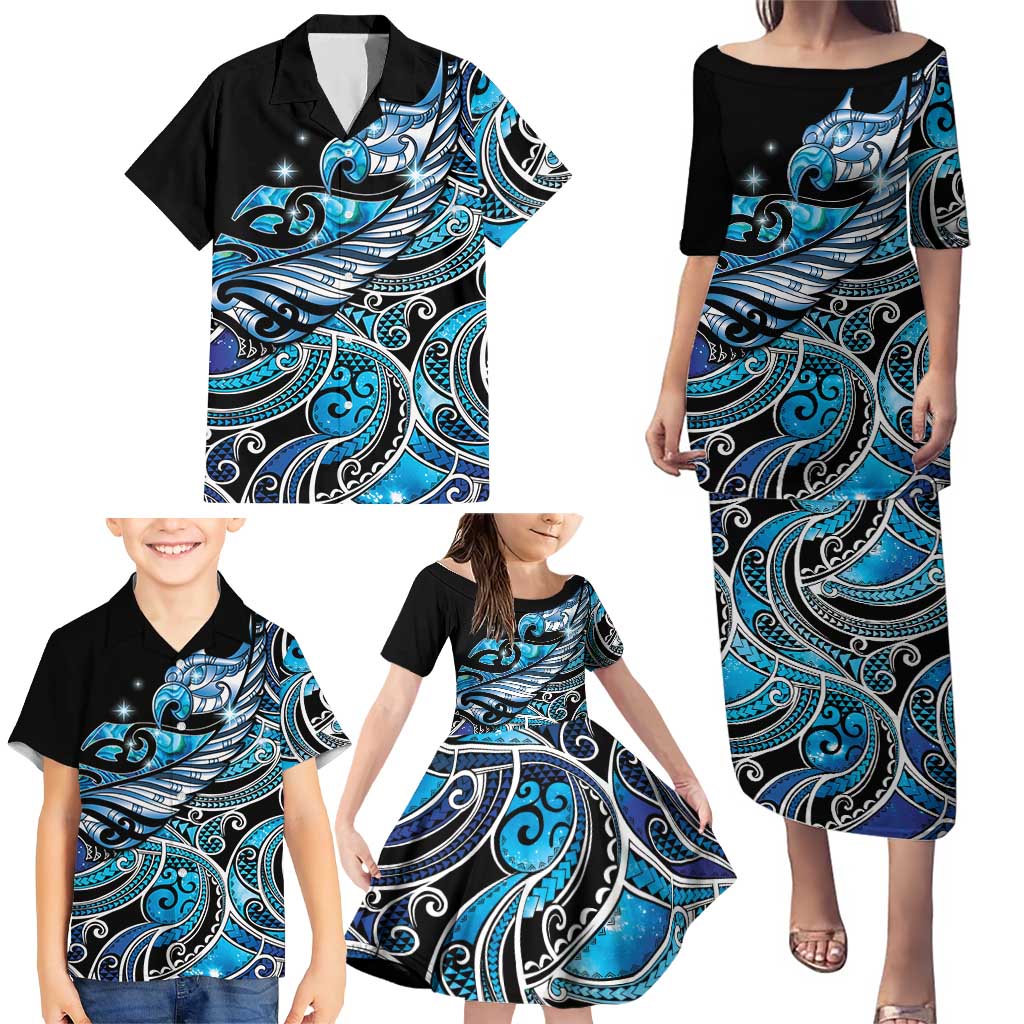 Maori Matariki - Manaia Family Matching Puletasi and Hawaiian Shirt Galaxy Blue Paua Shell LT7 - Polynesian Pride