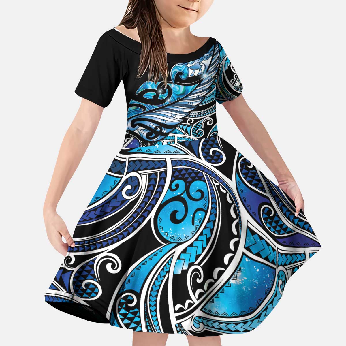 Maori Matariki - Manaia Kid Short Sleeve Dress Galaxy Blue Paua Shell LT7 KID Blue - Polynesian Pride