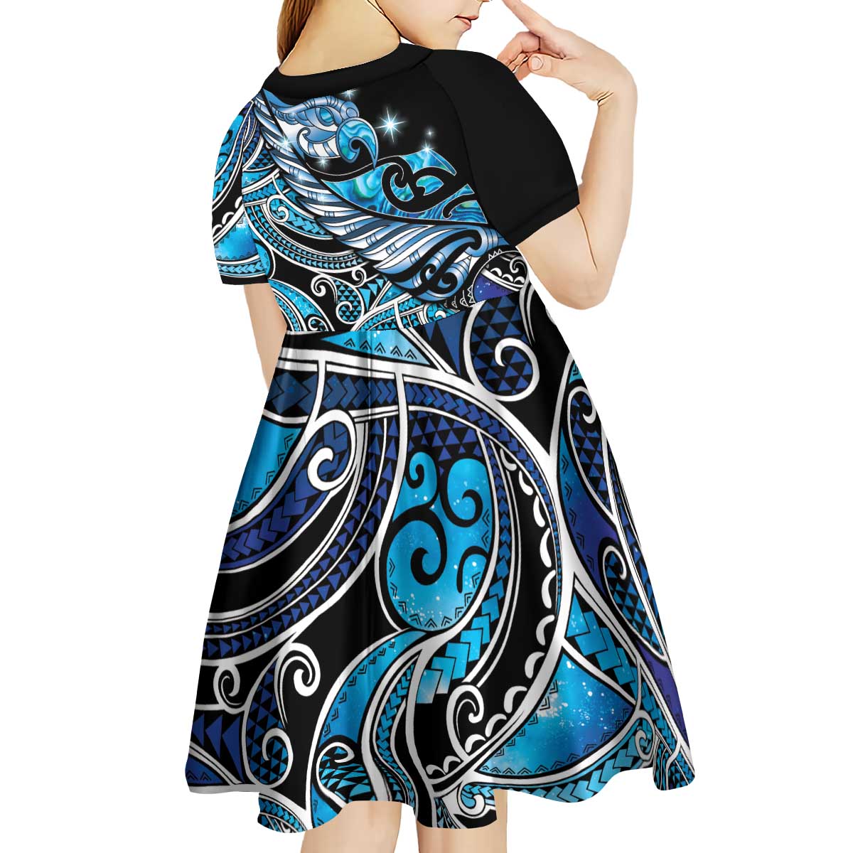 Maori Matariki - Manaia Kid Short Sleeve Dress Galaxy Blue Paua Shell LT7 - Polynesian Pride