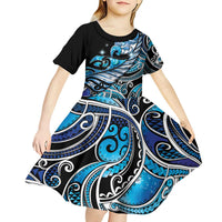 Maori Matariki - Manaia Kid Short Sleeve Dress Galaxy Blue Paua Shell LT7 - Polynesian Pride