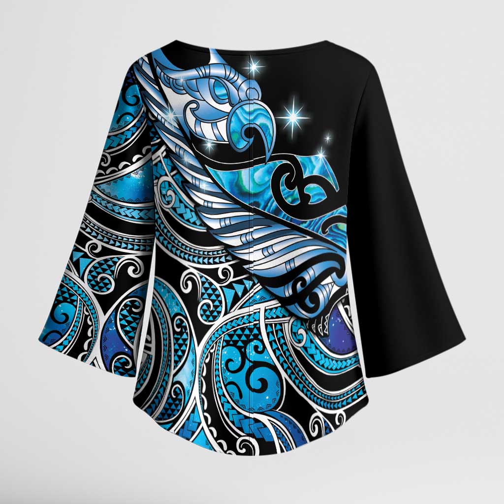 Maori Matariki - Manaia Kimono Sleeve Blouse Galaxy Blue Paua Shell LT7 - Polynesian Pride