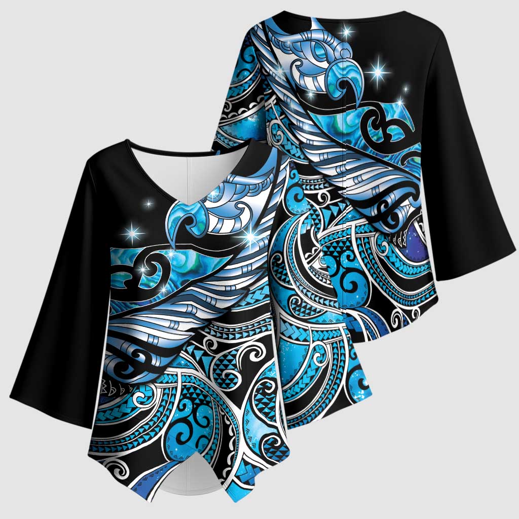 Maori Matariki - Manaia Kimono Sleeve Blouse Galaxy Blue Paua Shell LT7 - Polynesian Pride