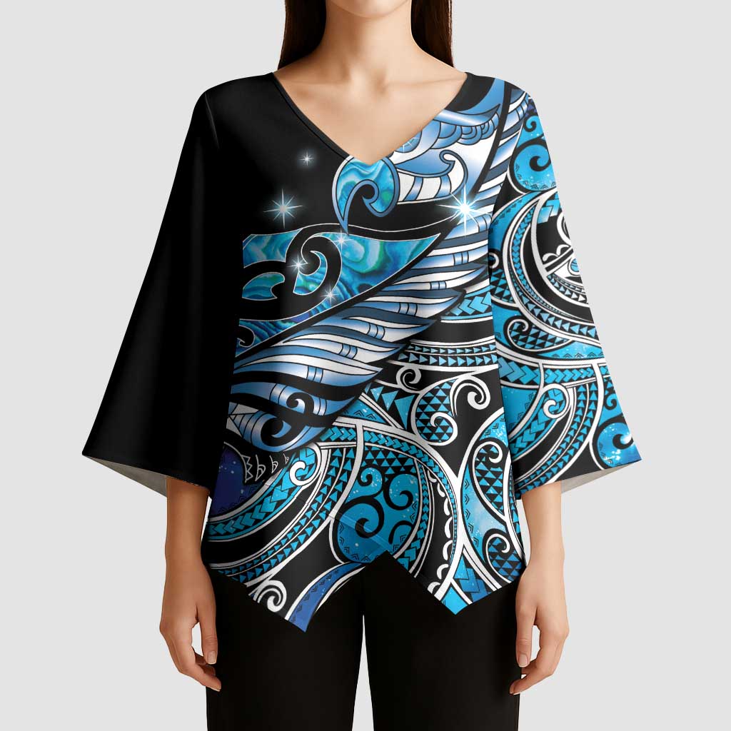 Maori Matariki - Manaia Kimono Sleeve Blouse Galaxy Blue Paua Shell LT7 - Polynesian Pride