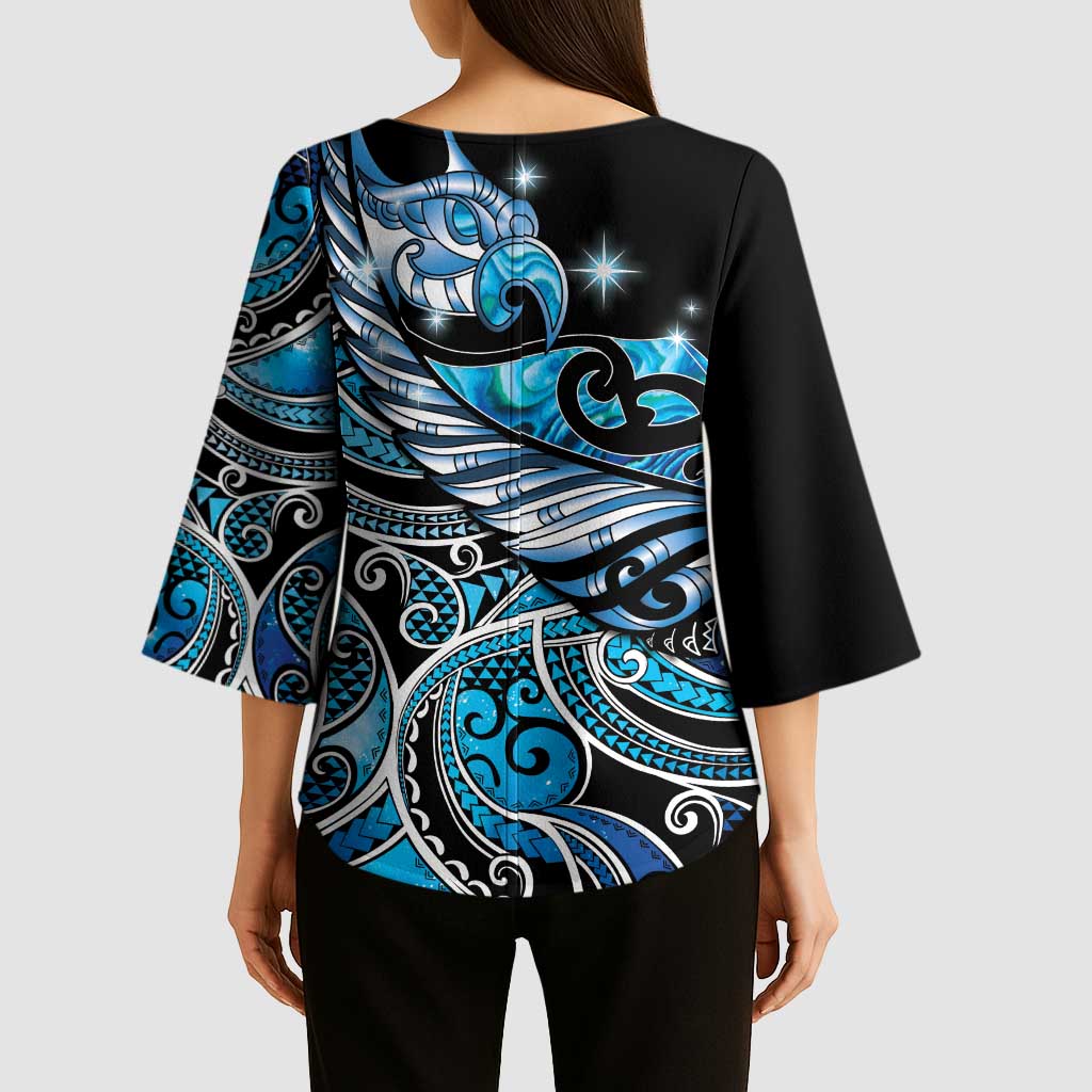 Maori Matariki - Manaia Kimono Sleeve Blouse Galaxy Blue Paua Shell LT7 - Polynesian Pride