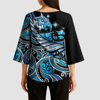 Maori Matariki - Manaia Kimono Sleeve Blouse Galaxy Blue Paua Shell LT7 - Polynesian Pride