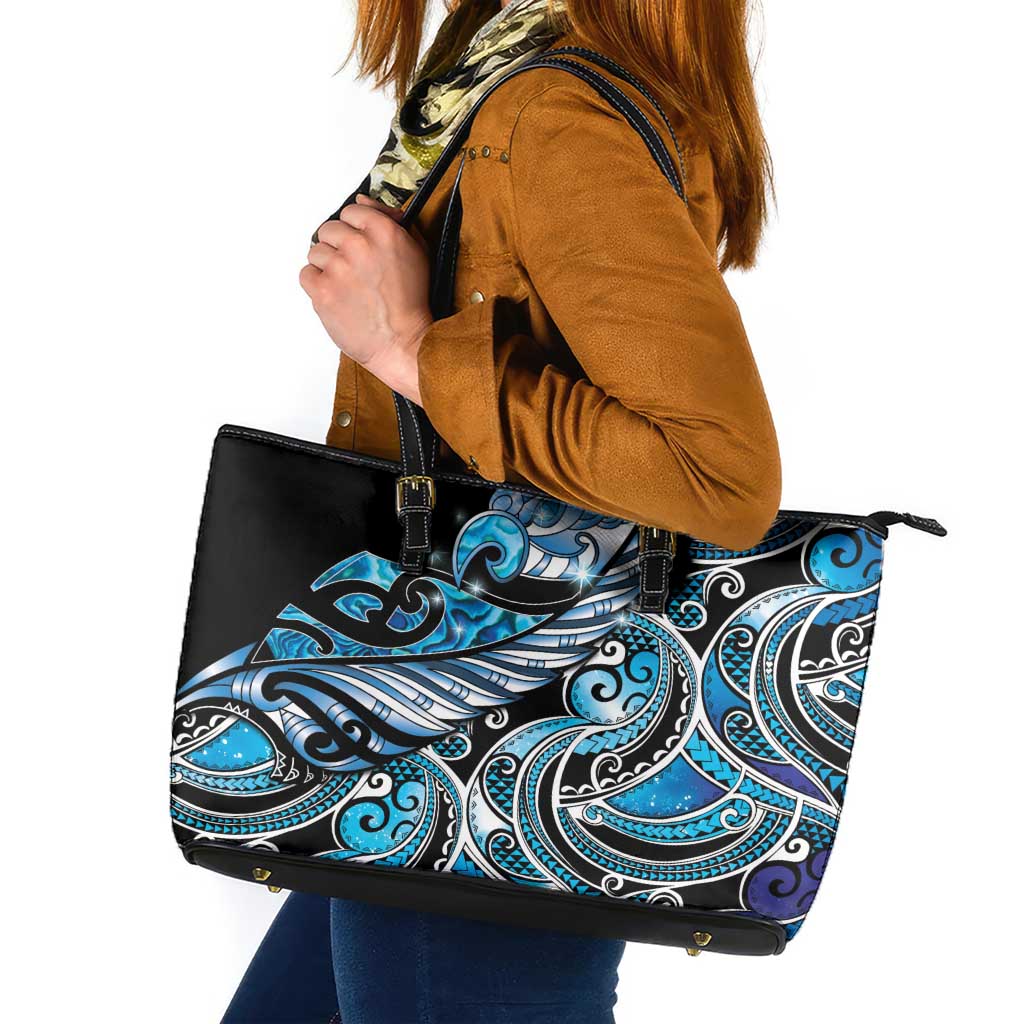 Maori Matariki - Manaia Leather Tote Bag Galaxy Blue Paua Shell LT7 Blue - Polynesian Pride