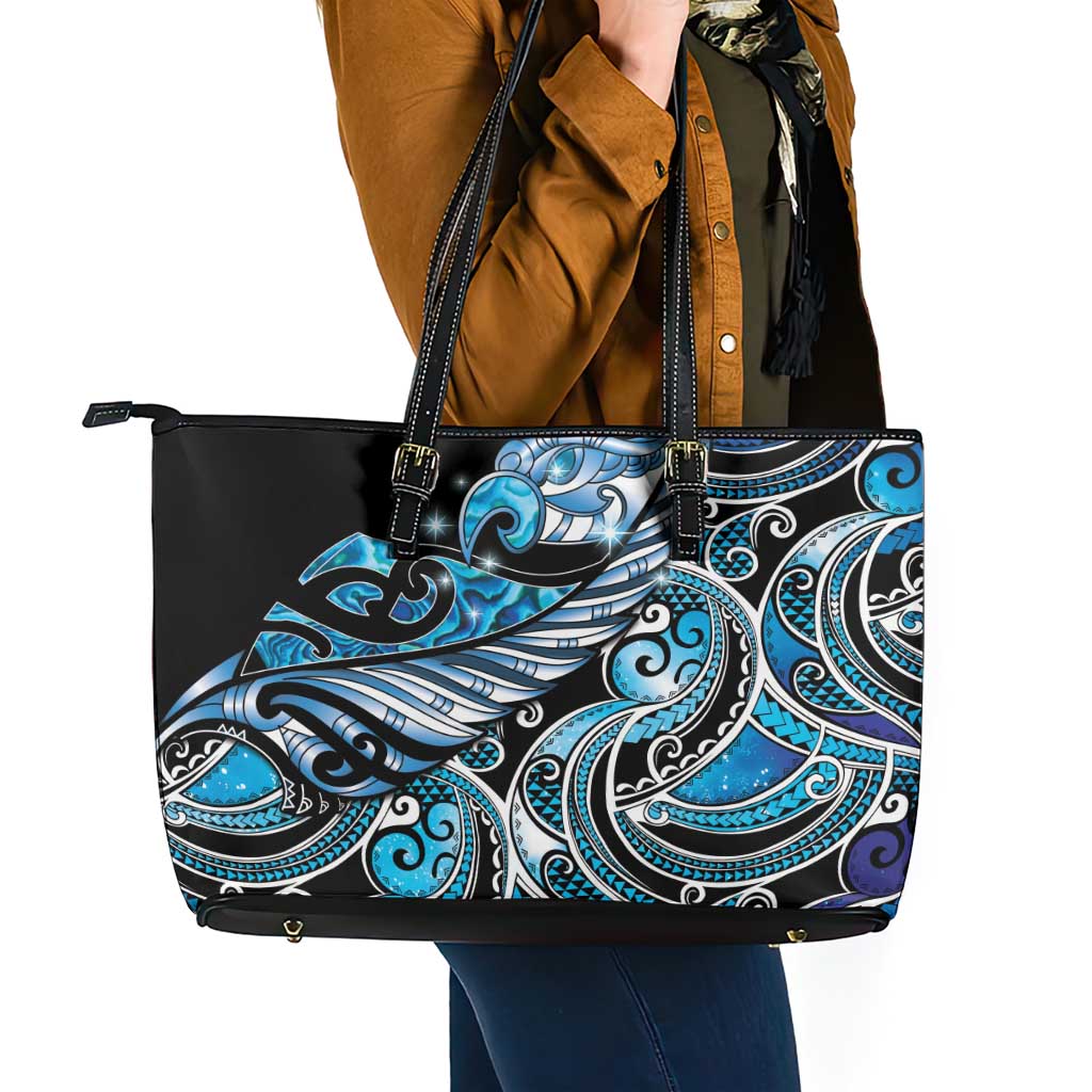 Maori Matariki - Manaia Leather Tote Bag Galaxy Blue Paua Shell LT7 - Polynesian Pride