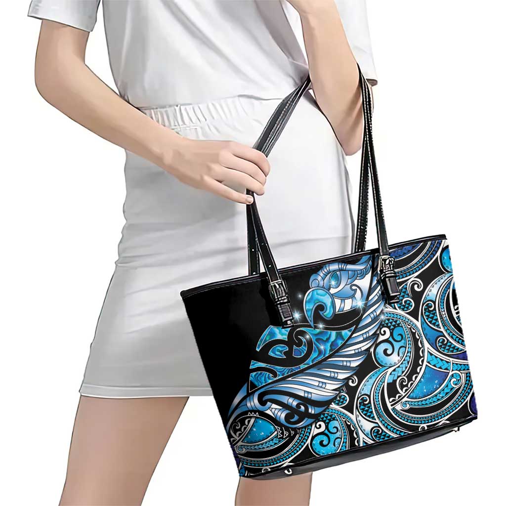 Maori Matariki - Manaia Leather Tote Bag Galaxy Blue Paua Shell LT7 - Polynesian Pride