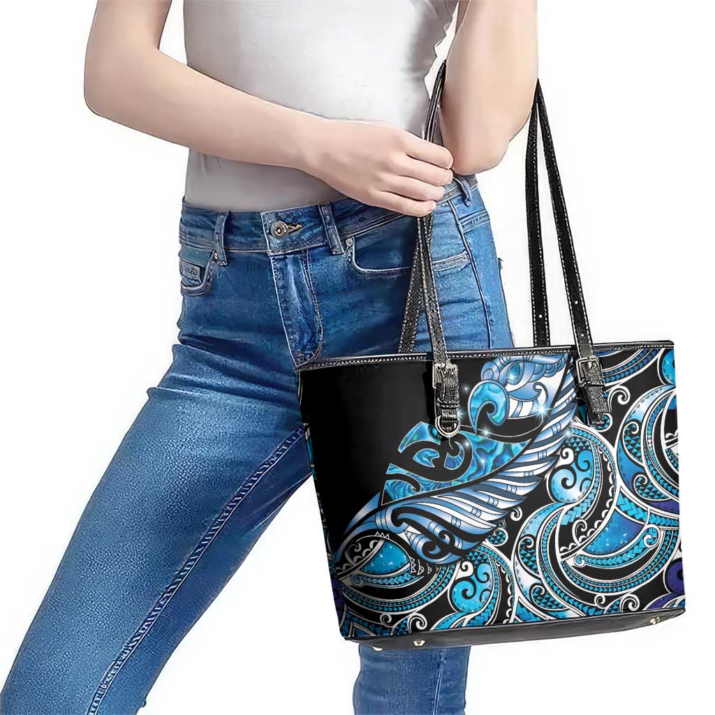 Maori Matariki - Manaia Leather Tote Bag Galaxy Blue Paua Shell LT7 - Polynesian Pride