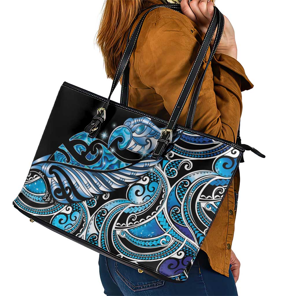 Maori Matariki - Manaia Leather Tote Bag Galaxy Blue Paua Shell LT7 - Polynesian Pride