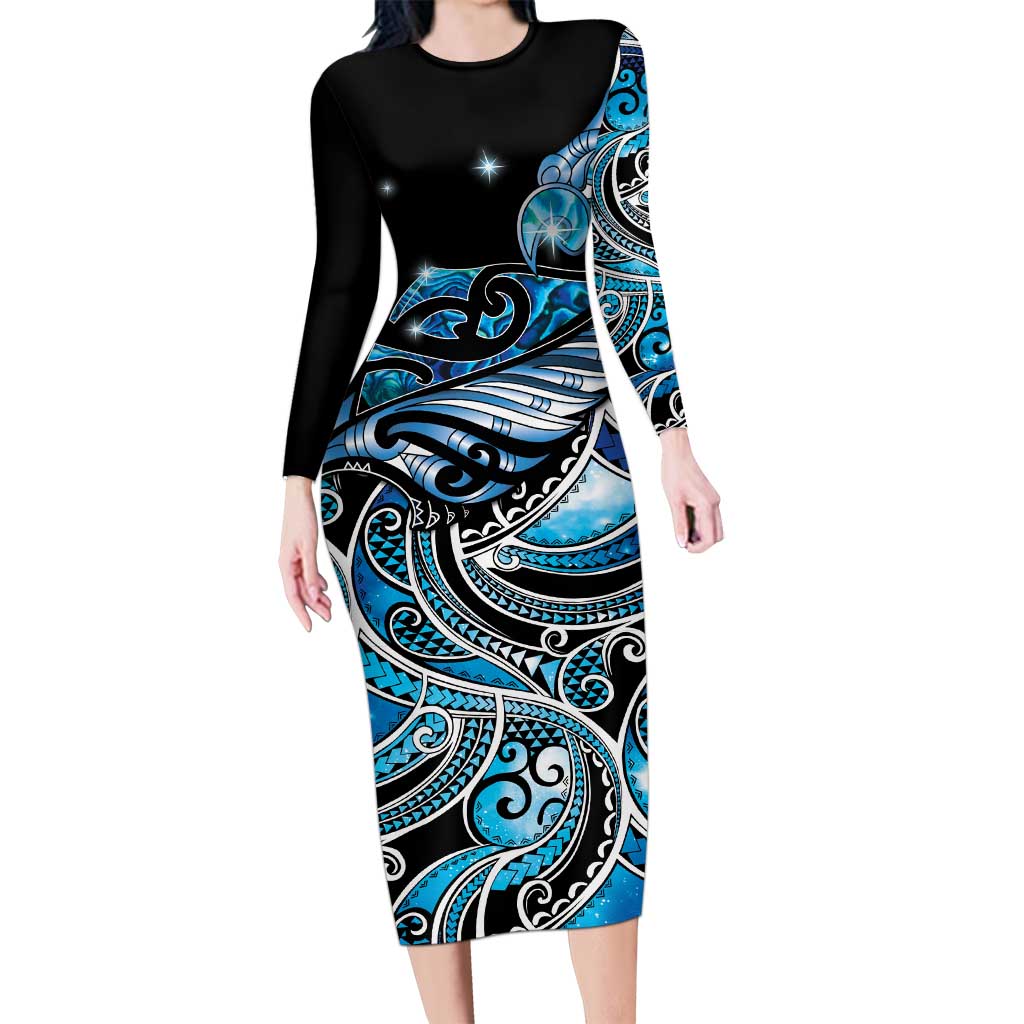 Maori Matariki - Manaia Long Sleeve Bodycon Dress Galaxy Blue Paua Shell LT7 Long Dress Blue - Polynesian Pride