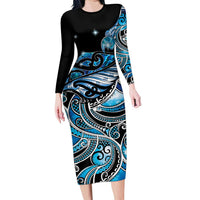 Maori Matariki - Manaia Long Sleeve Bodycon Dress Galaxy Blue Paua Shell LT7 Long Dress Blue - Polynesian Pride