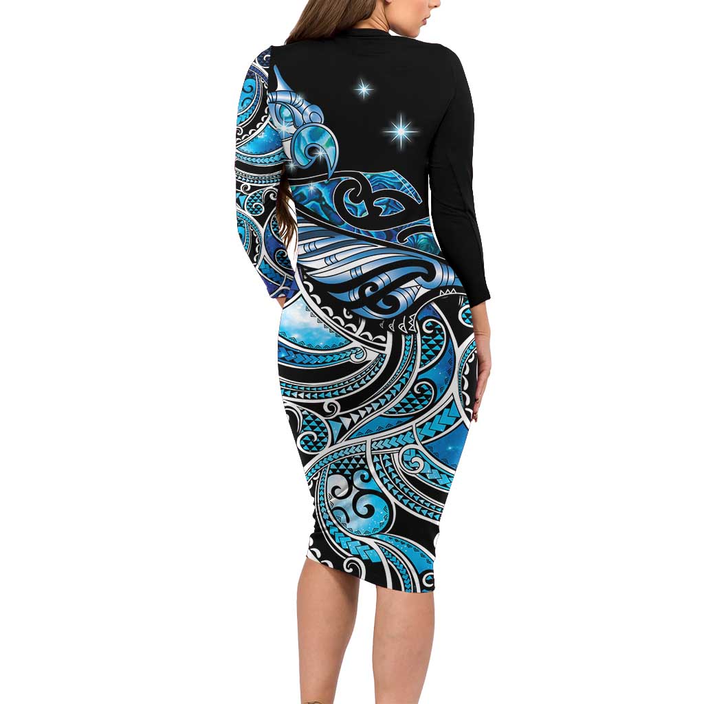 Maori Matariki - Manaia Long Sleeve Bodycon Dress Galaxy Blue Paua Shell LT7 - Polynesian Pride